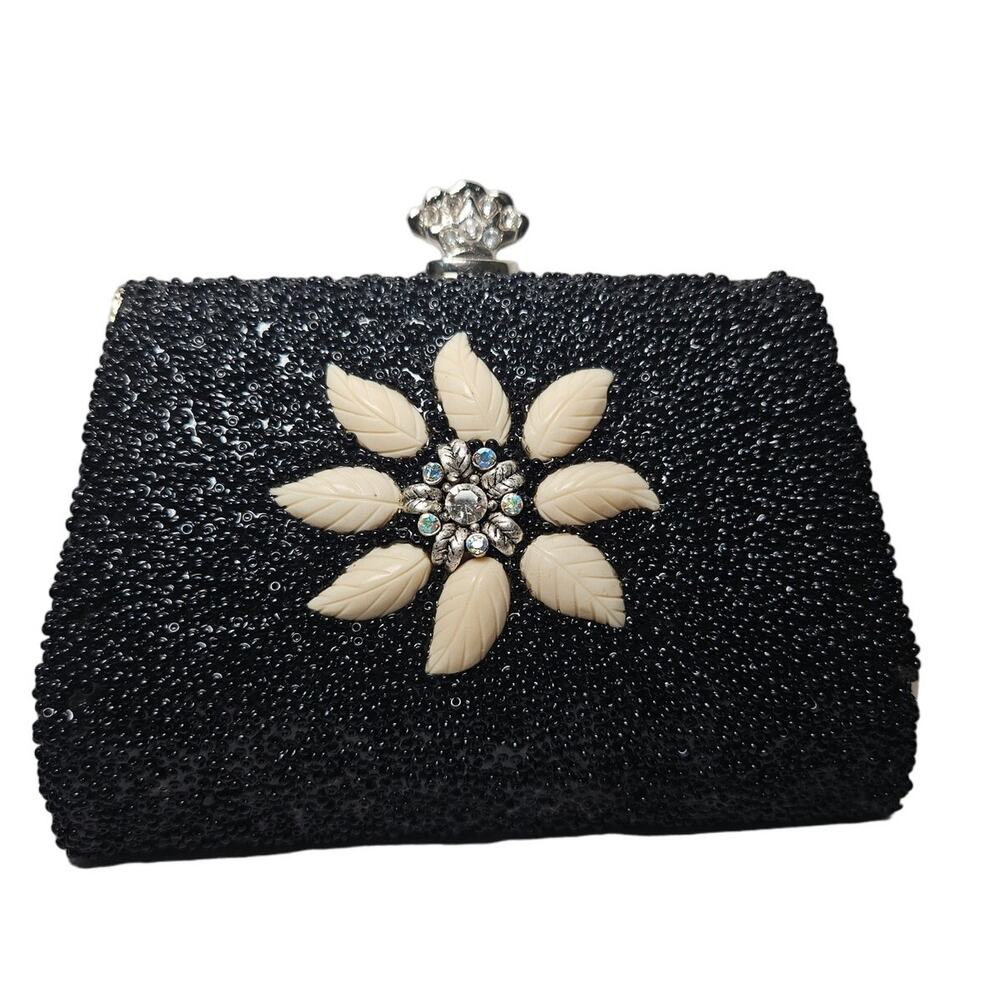 Vice Versa Black Cream Flower Beaded Crossbody Clutch Mini Purse Unique Bold